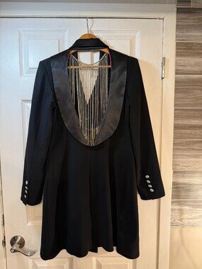 Kedma Black Tuxedo Blazer Dress Crystal Fringe Open Back Size 42